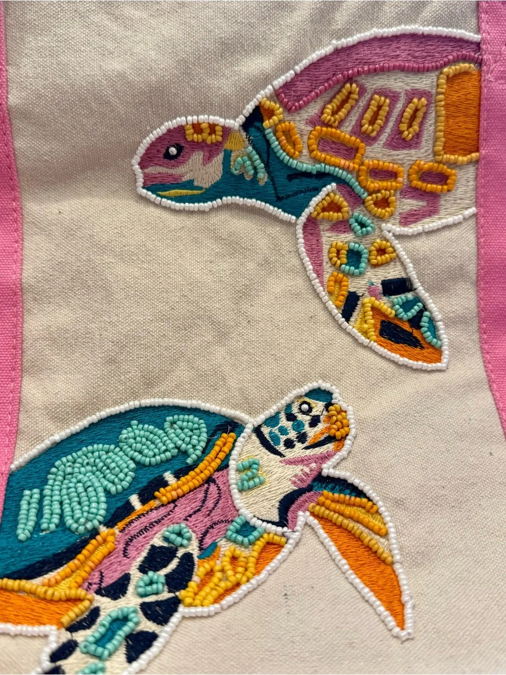 Sea Turtle Embroidered Canvas Tote with Pink Trim